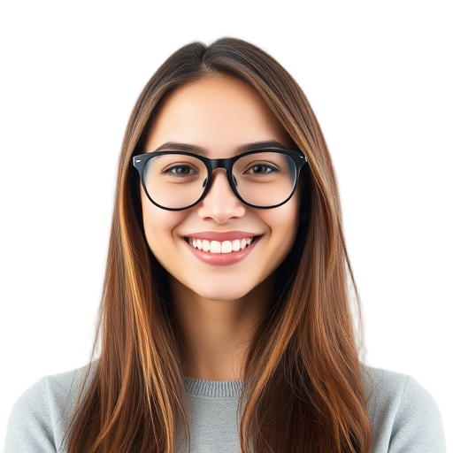 Smiling person with glasses against a white background.