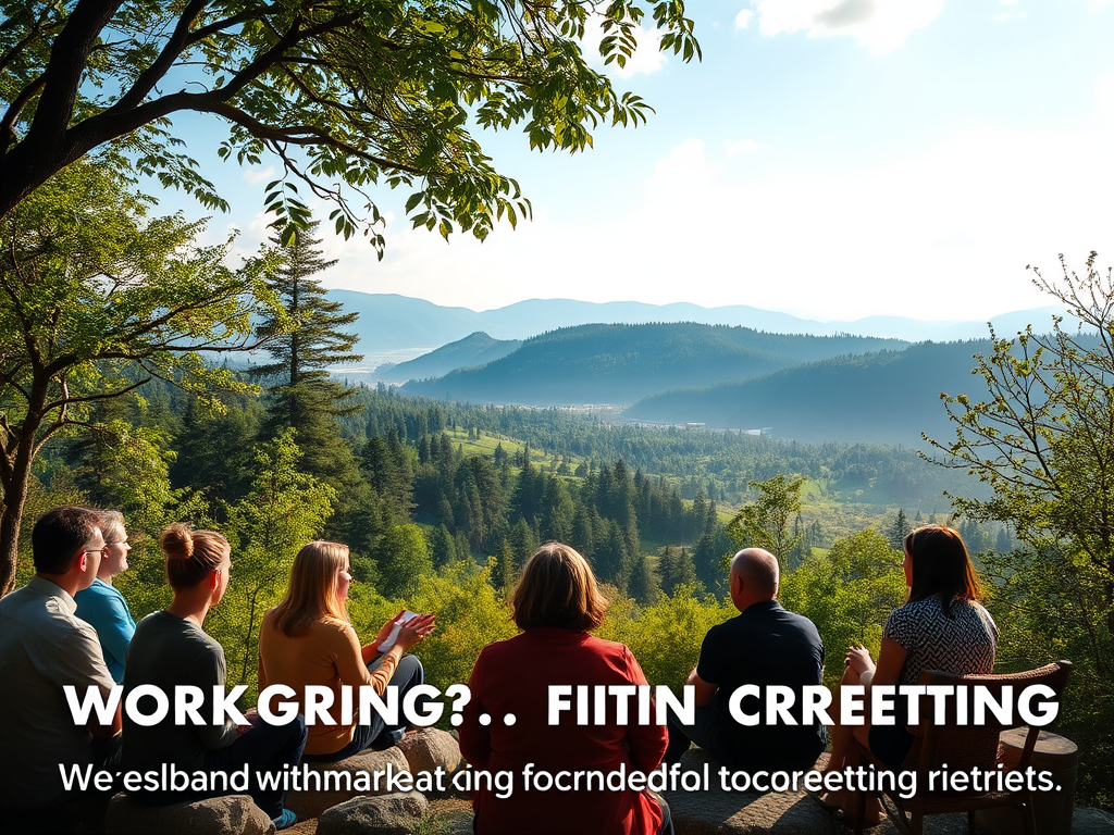 Participants engaged in a workshop with a scenic backdrop.