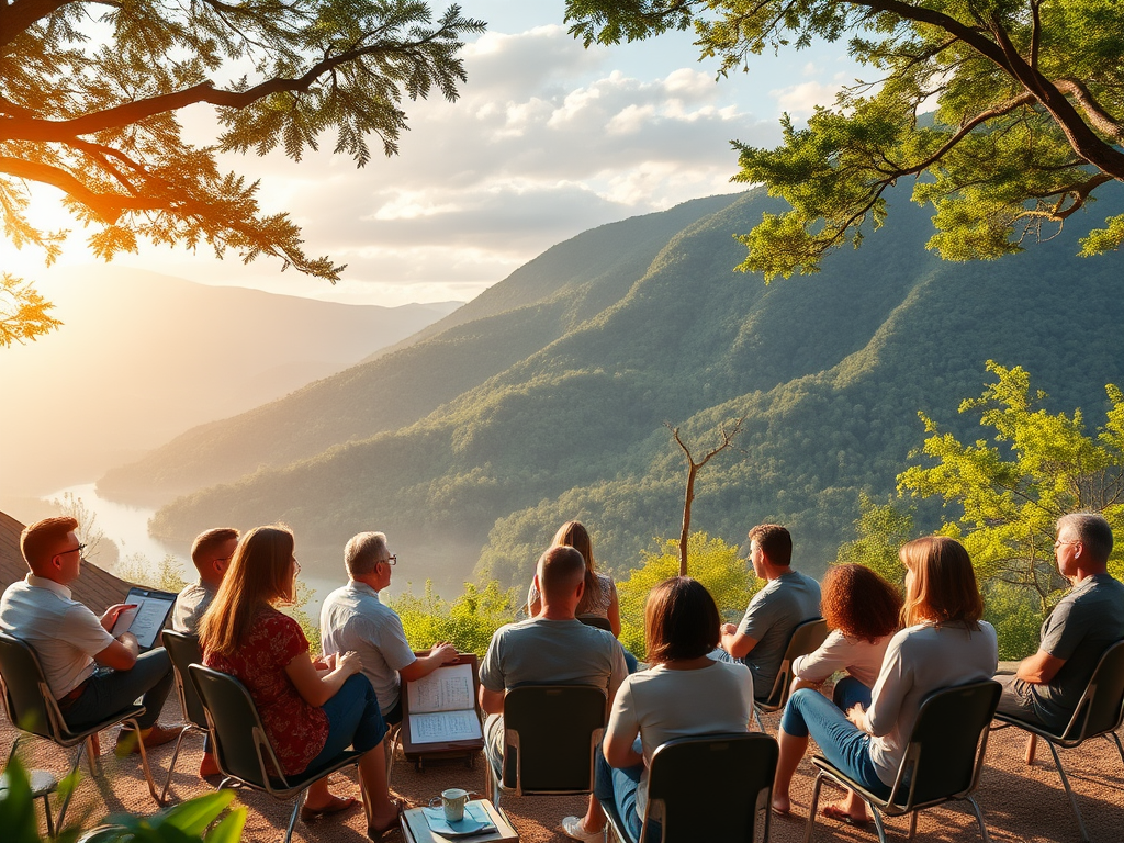 Participants in a workshop surrounded by serene nature.