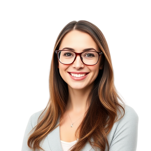 A smiling person with glasses against a white background.