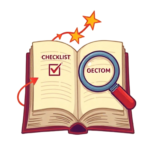 Carefully describe an image in great detail that needs to be generate, use quotes to split visual things. "open book" "checklist" "arrow" "magnifier" "spark"
