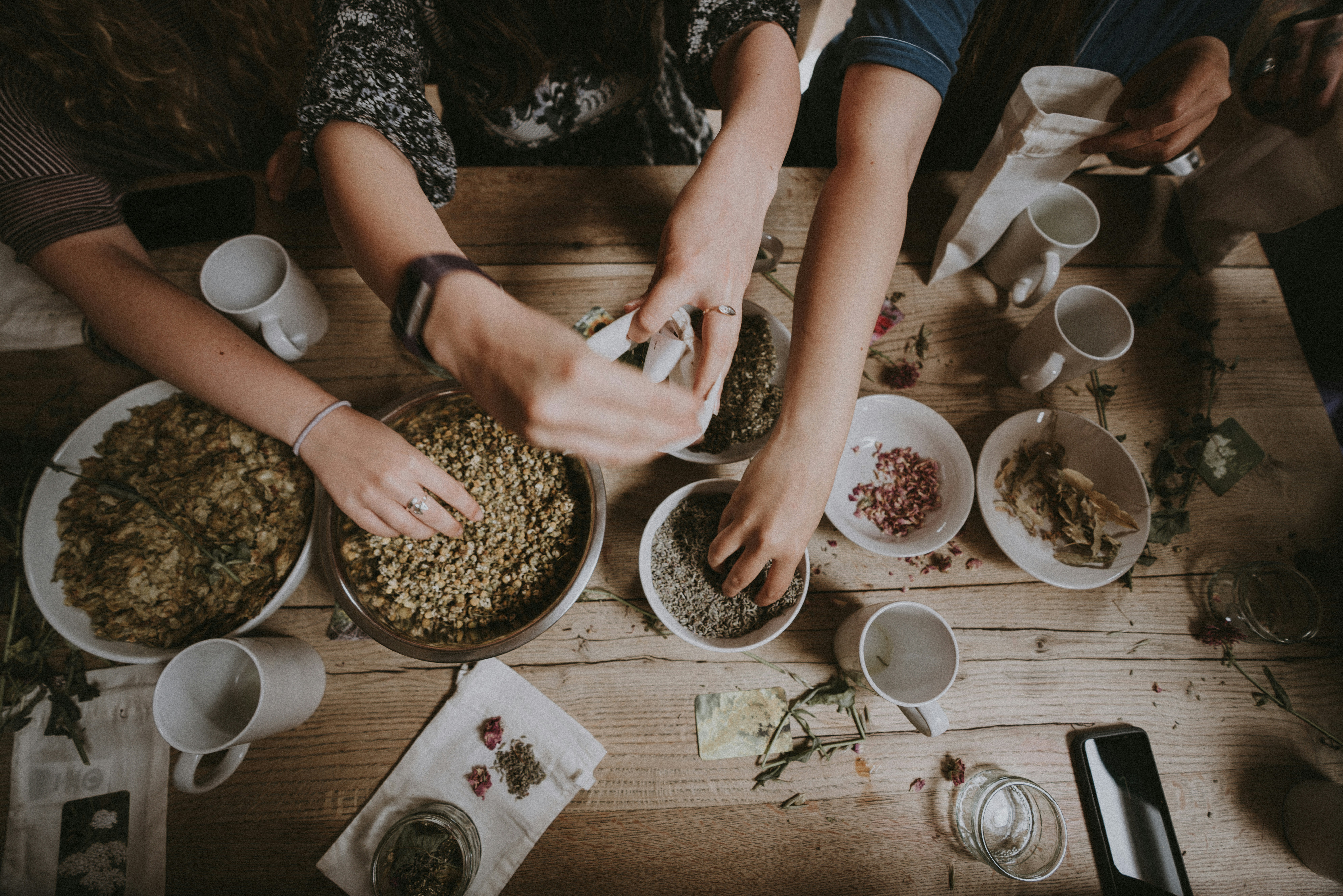 Herbal workshop, hands reaching