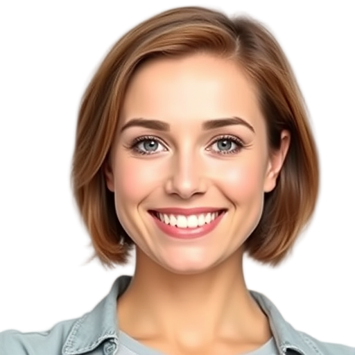 Vrouw met glimlach, witte achtergrond, portret.