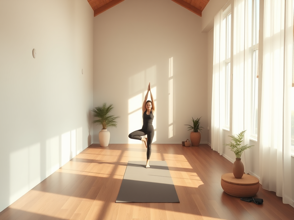 Rustige yoga studio met persoon in boomhouding, natuurlijk licht, minimalistisch.