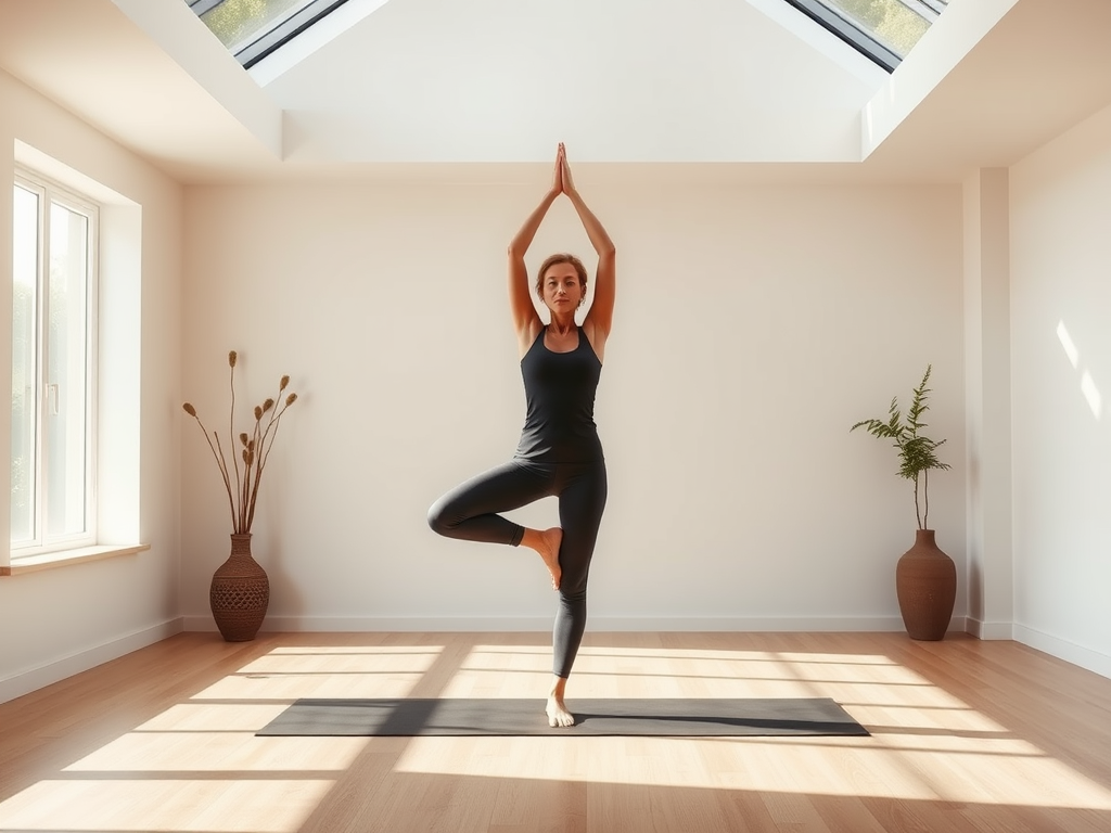 Vrouw in yoga-positie in een lichte, minimalistische kamer met planten.