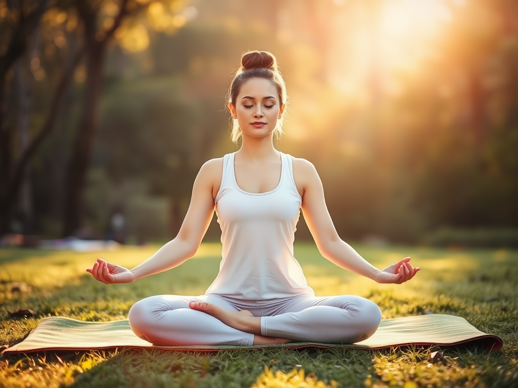 Vrouw mediteert buiten op een mat in de zon.