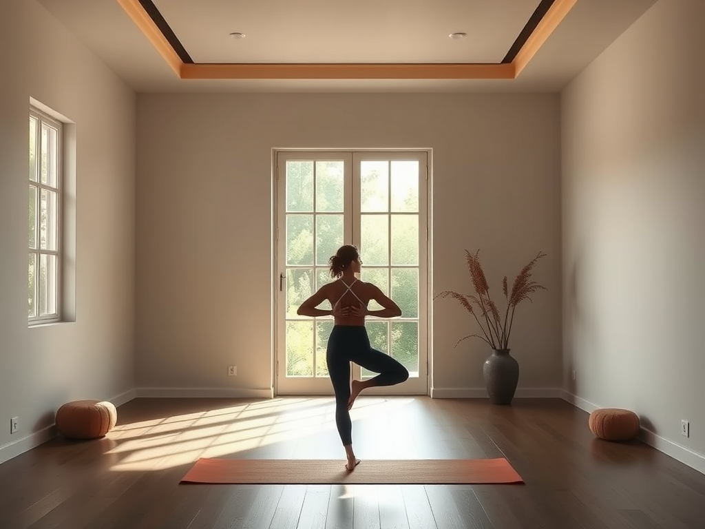 Rustige persoon in yoga-positie in minimalistische kamer met natuurlijk licht.