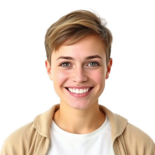 Vrouw met korte haare smiling, witte achtergrond.