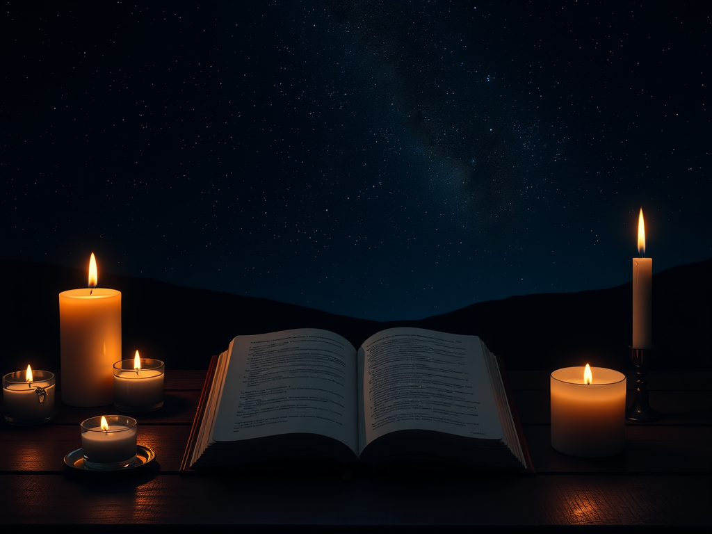 Een serene nacht met kaarslicht en een open droomjournal.