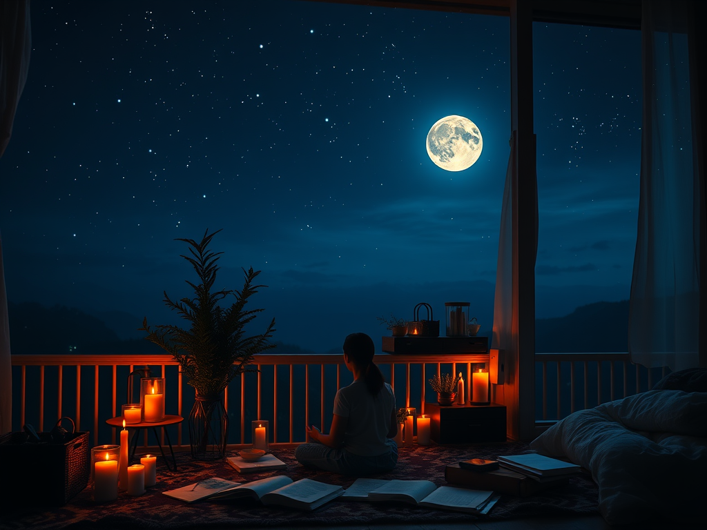 Een serene nacht met sterren, een volle maan en iemand die mediteert.