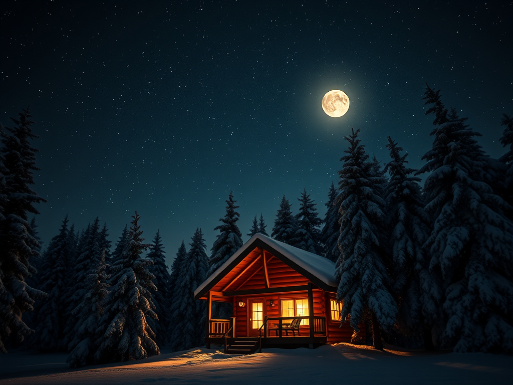 Een gezellige cabin onder een sterrenhemel en volle maan.