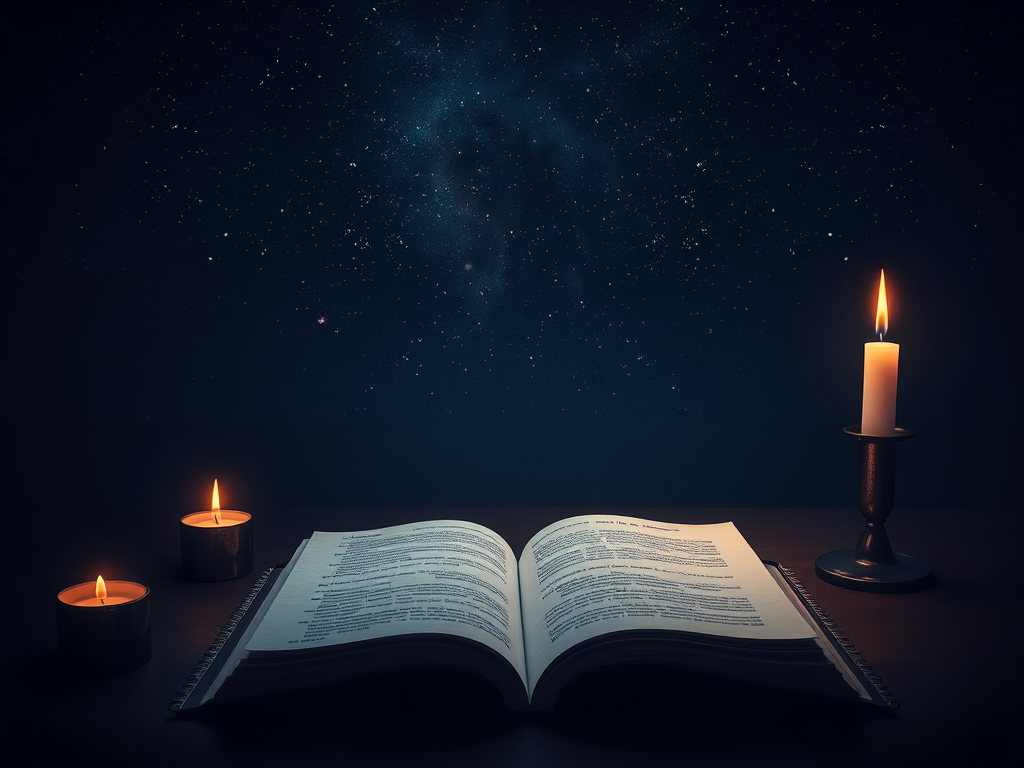 Een rustige nachtscène met gloeiende kaarsen en een open droomdagboek.