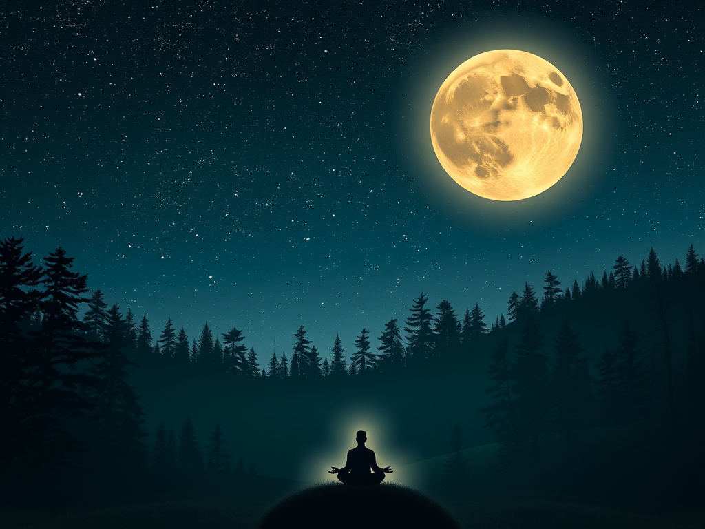Een serene nachtelijke hemel met sterren en een volle maan.