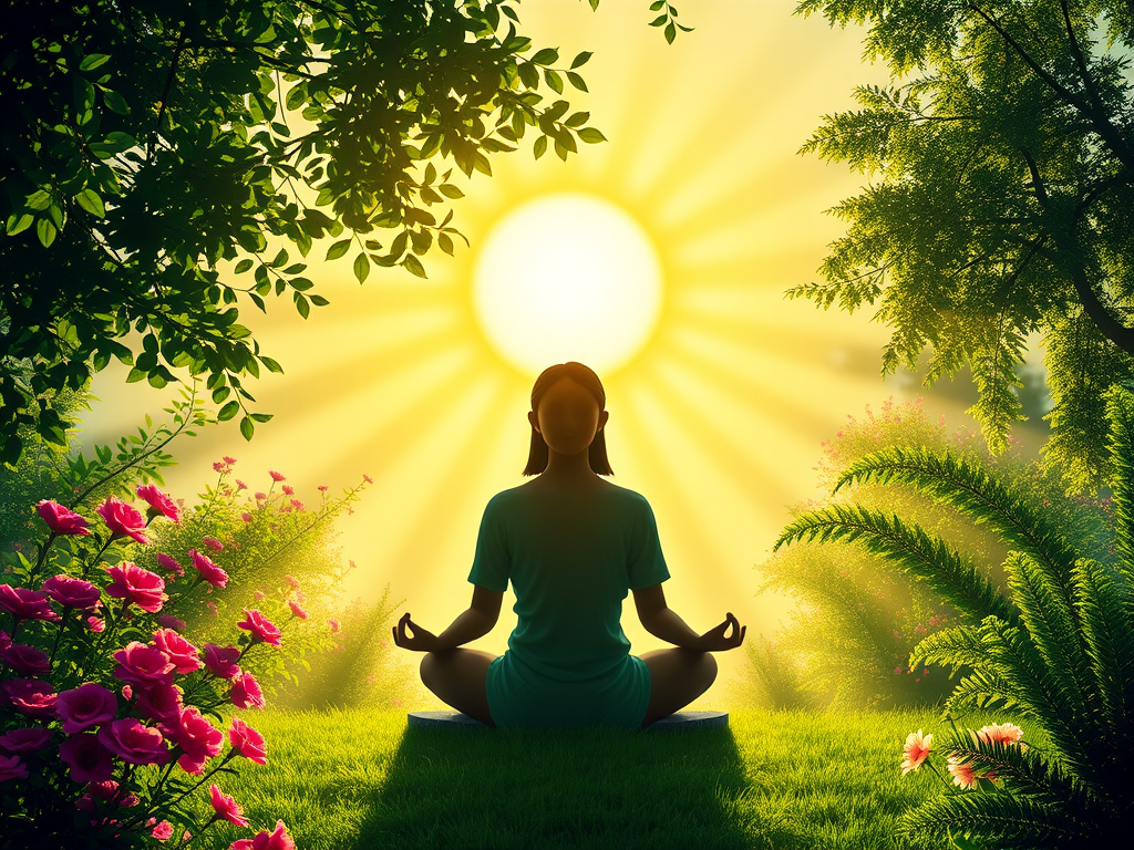 "Golden sun at zenith" "lush blooming garden" "radiant inner light glowing from a meditating figure" "soft beams of sunlight illuminating vibrant nature"