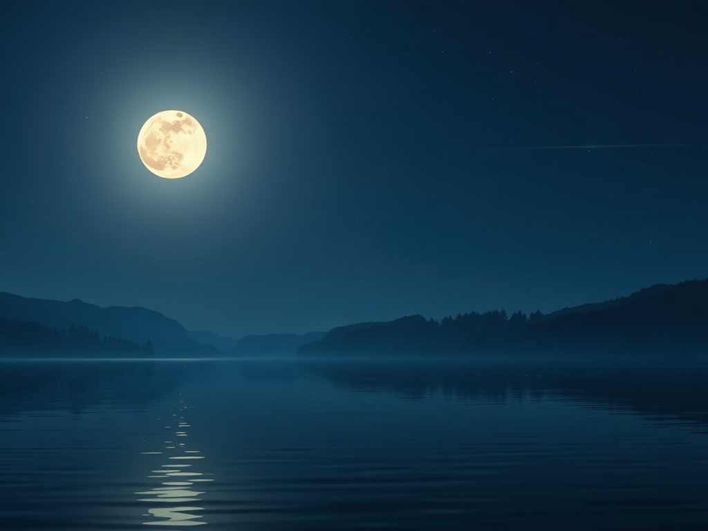 A serene, soft glowing moon above a calm lake at night, gentle ripples reflecting light, surrounded by peaceful nature and subtle healing energy.