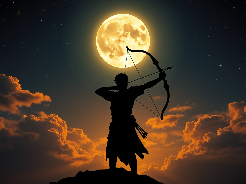 "full moon glowing brightly" "Sagittarius archer silhouette aiming upward" "fiery warm tones illuminating night sky" "mystical celestial symbols floating around" "a strong, brave figure standing firm" "dream-like soft clouds and stars" "ethereal light sug