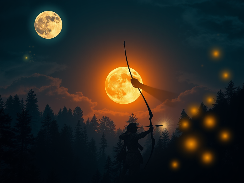 "full moon glowing brightly" "archer silhouette aiming arrow" "fiery orange and deep blue night sky" "mystical forest with ancient trees" "soft glowing orbs symbolizing wisdom and protection" "ethereal figures representing Artemis and Michael" "atmosphere