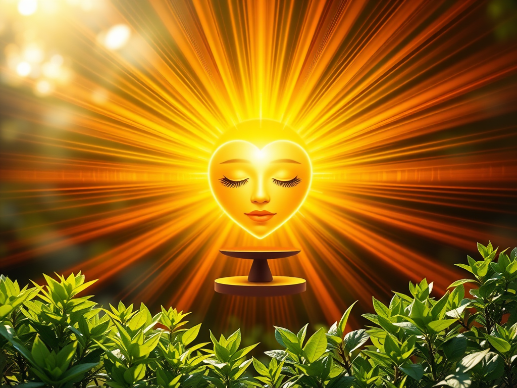 "Radiant glowing heart chakra" "soft golden light beams" "calm serene face with closed eyes" "harmonious balance scales" "gentle hands releasing shimmering energy" "lush green growing plants" "peaceful natural background"