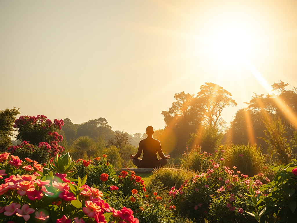 "Golden sun at zenith" "lush blooming garden" "radiant inner light glowing from a meditating figure" "soft beams of sunlight illuminating vibrant nature"