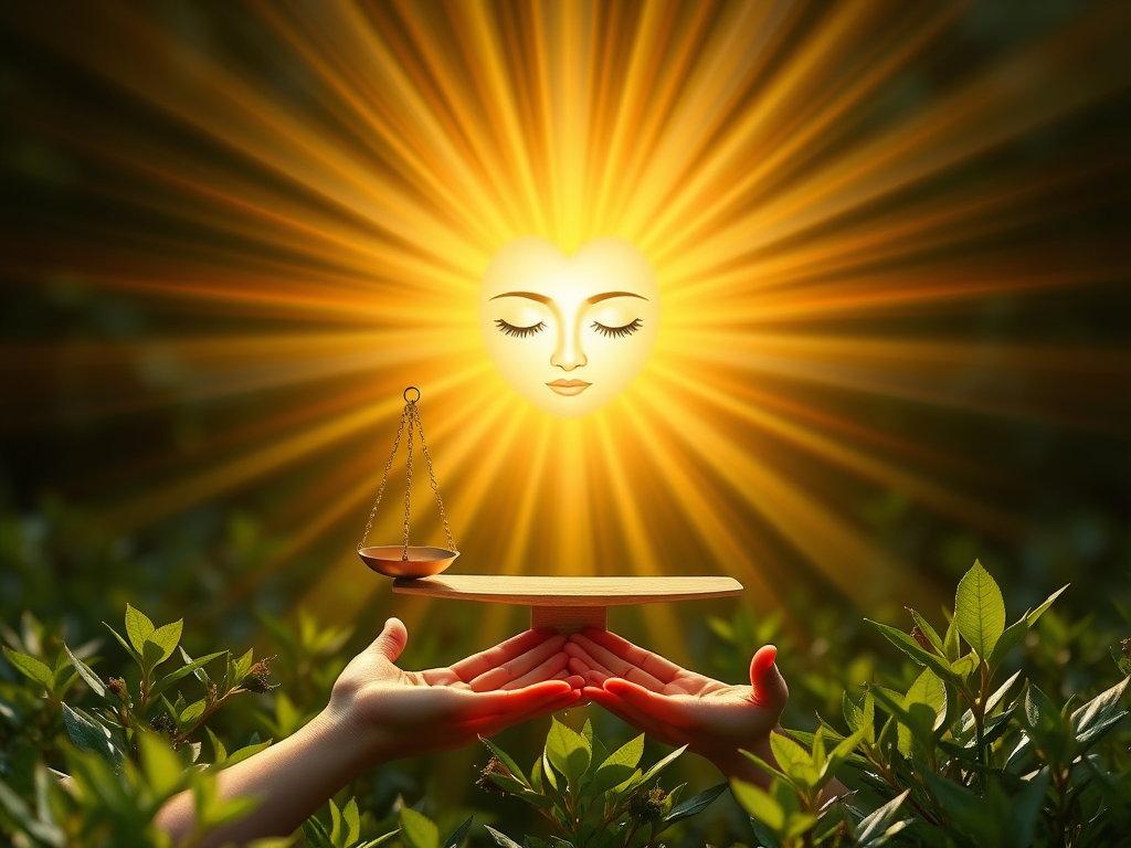"Radiant glowing heart chakra" "soft golden light beams" "calm serene face with closed eyes" "harmonious balance scales" "gentle hands releasing shimmering energy" "lush green growing plants" "peaceful natural background"