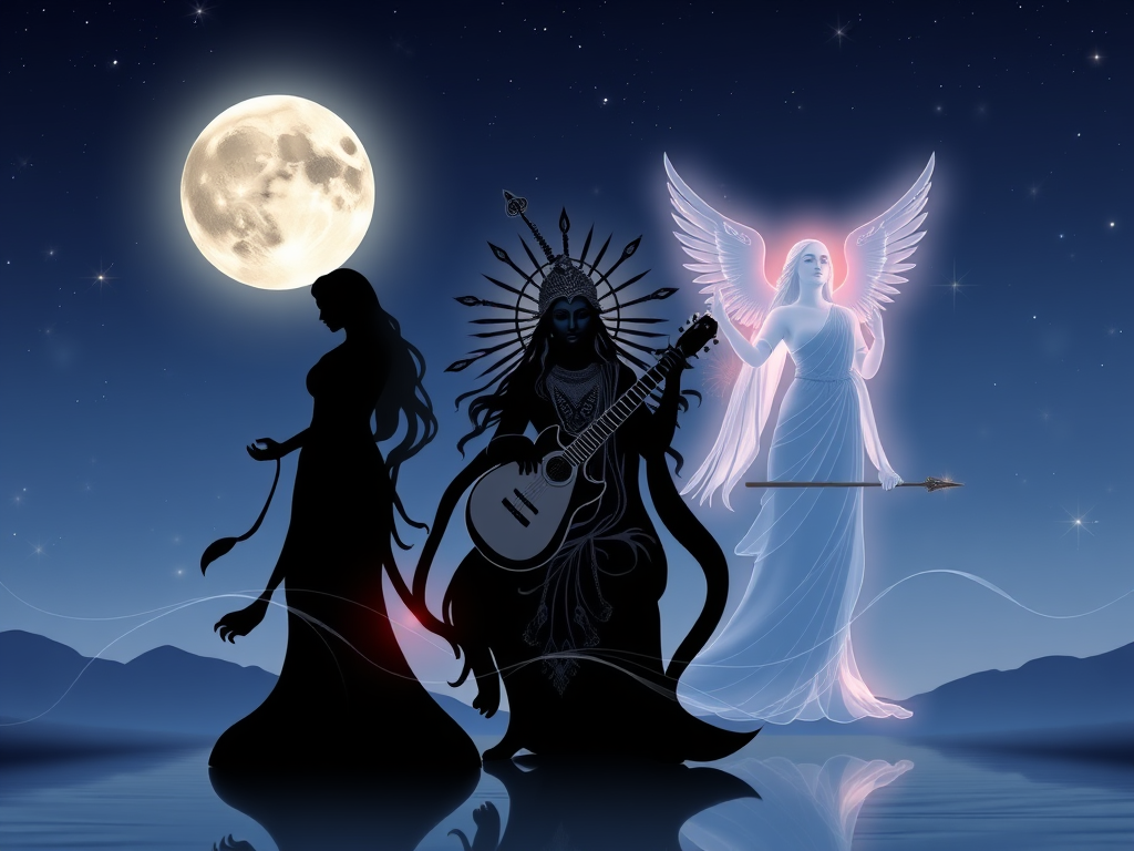 "new moon glowing softly" "silhouetted twin figures symbolizing Gemini" "radiant goddess Saraswati with veena" "angelic figure representing Gabriel with light wings" "ethereal energy waves connecting all figures" "calm, mystical night sky background"