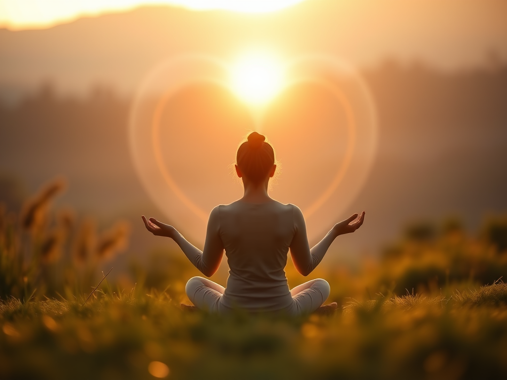 "a serene person meditating in soft glowing light" "gentle heart-shaped energy waves" "calm, balanced atmosphere with warm colors" "subtle abstract healing symbols" "peaceful nature background at dawn"