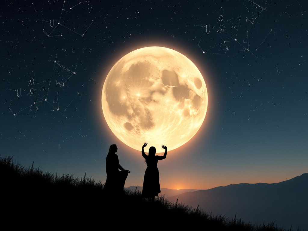 "a glowing full moon" "archer constellation in a starry sky" "serene nature scene with soft light" "gentle human silhouettes reflecting" "symbols of strength and growth intertwined"