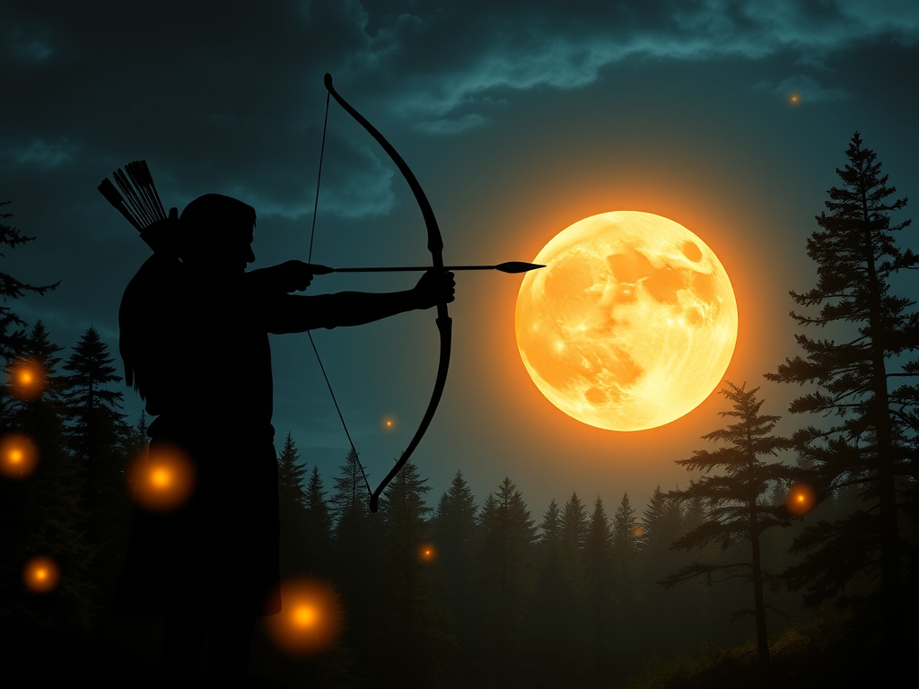 "full moon glowing brightly" "archer silhouette aiming arrow" "fiery orange and deep blue night sky" "mystical forest with ancient trees" "soft glowing orbs symbolizing wisdom and protection" "ethereal figures representing Artemis and Michael" "atmosphere