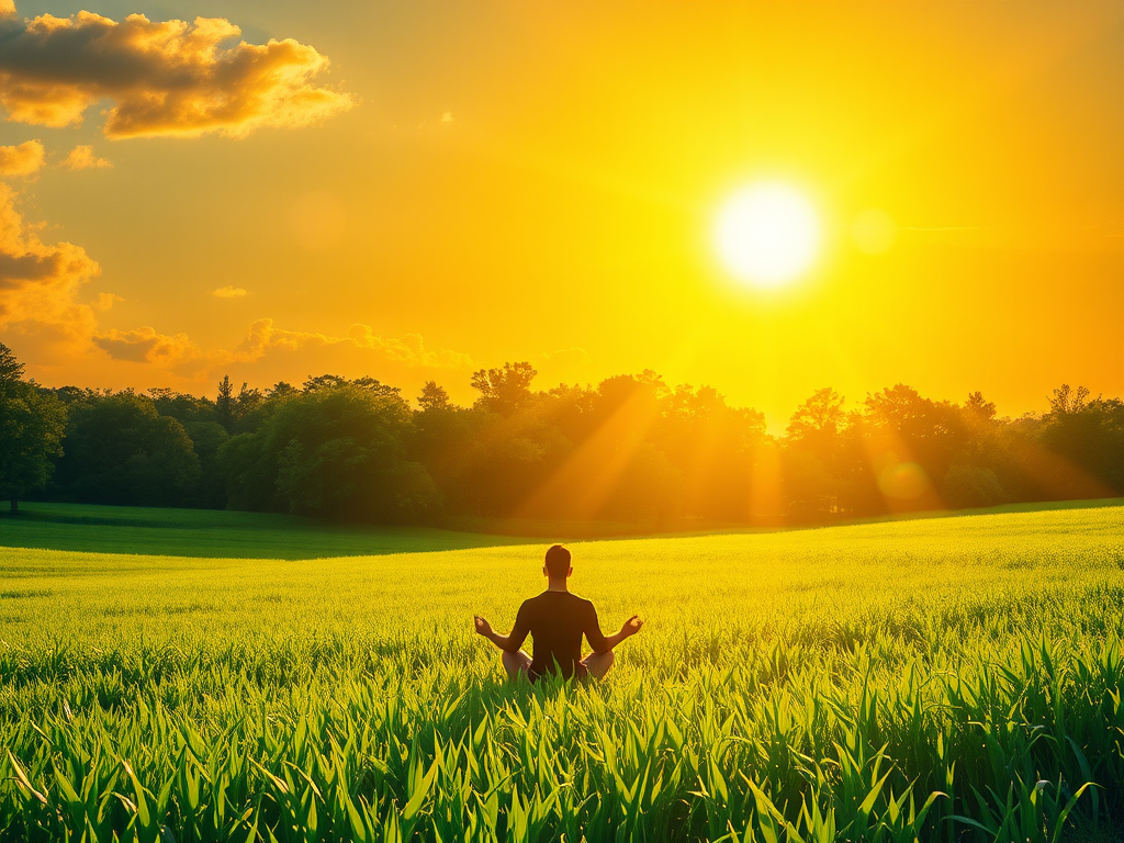 "golden summer solstice sun" shining over a "lush green field" with "radiant light beams", "glowing orbs" symbolizing energy, and a "serene figure" meditating amidst nature.