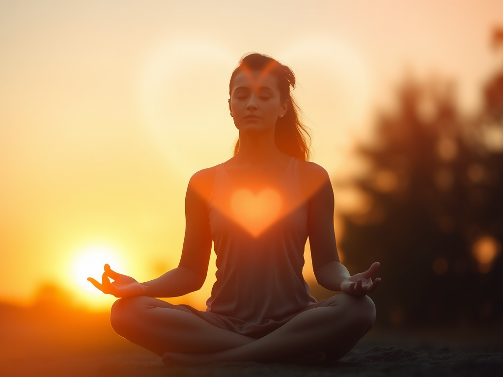 "a serene person meditating in soft glowing light" "gentle heart-shaped energy waves" "calm, balanced atmosphere with warm colors" "subtle abstract healing symbols" "peaceful nature background at dawn"