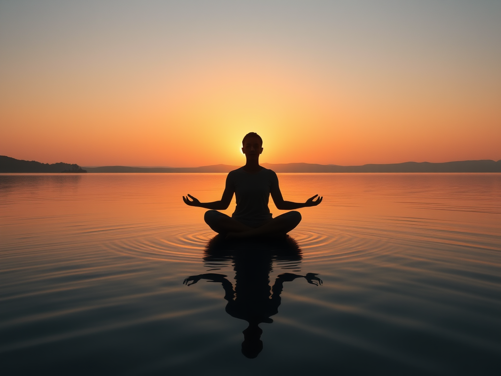 A serene sunrise over a calm lake, "soft golden light" reflecting on water, "silhouetted peaceful figure meditating," surrounded by "gentle nature elements," evoking tranquility.