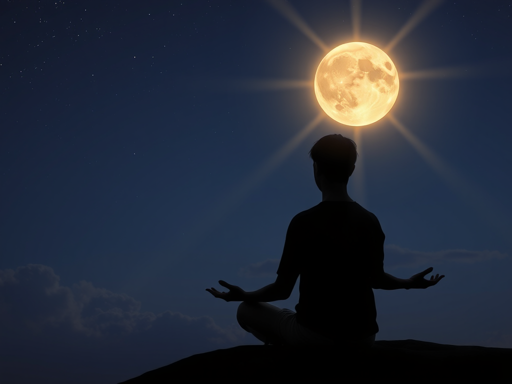 "a serene night sky with a glowing new moon" "gentle rays illuminating a thoughtful person meditating" "soft cosmic light representing clarity and creative energy" "subtle angelic figures symbolizing guidance and communication" "an ethereal, calming atmos