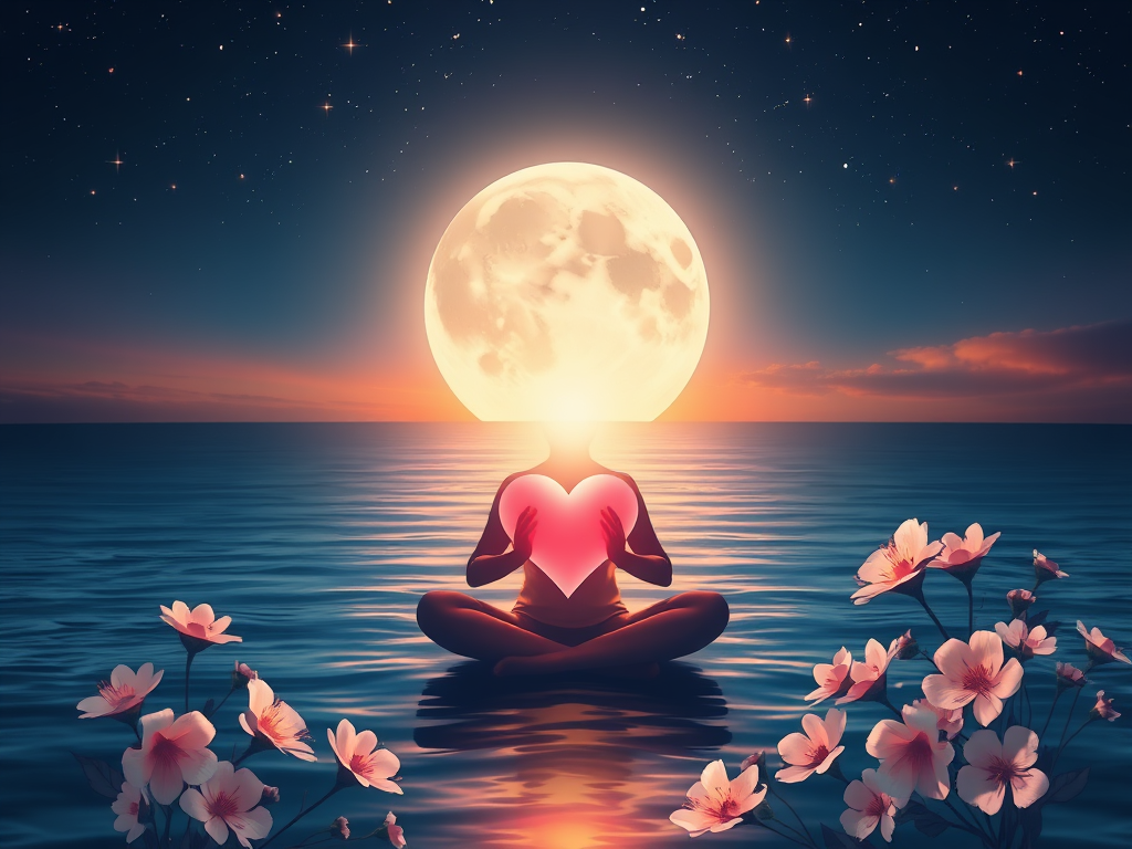 "gentle moonlight over calm sea" "soft glowing hands cradling a heart" "warm pastel colors blending" "peaceful person meditating surrounded by stars" "delicate flowers blooming around"