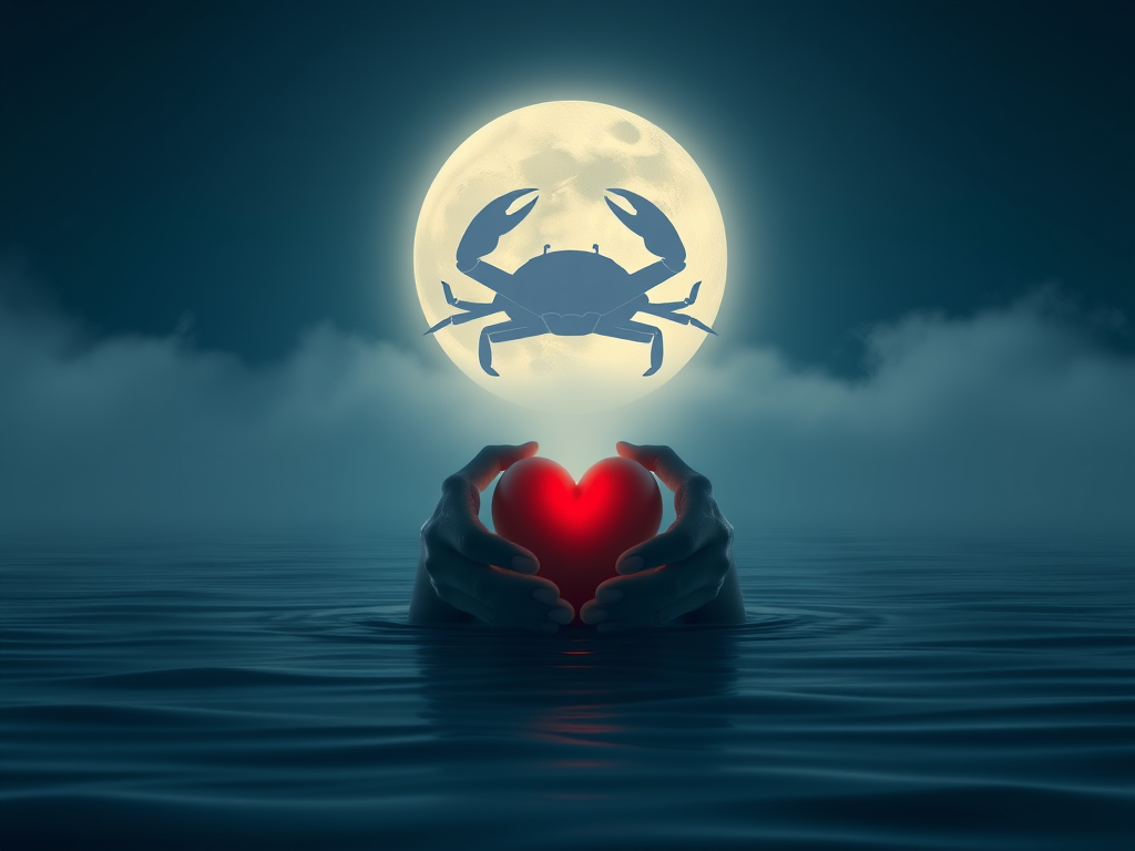 A serene "new moon" glowing softly over calm "water", gentle "crab" symbol in the sky, surrounded by soothing "mist" and tender "hands cradling a heart".