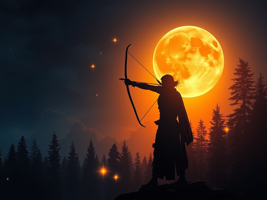 "full moon glowing brightly" "archer silhouette aiming arrow" "fiery orange and deep blue night sky" "mystical forest with ancient trees" "soft glowing orbs symbolizing wisdom and protection" "ethereal figures representing Artemis and Michael" "atmosphere