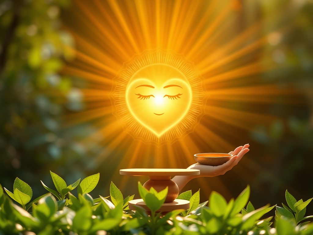 "Radiant glowing heart chakra" "soft golden light beams" "calm serene face with closed eyes" "harmonious balance scales" "gentle hands releasing shimmering energy" "lush green growing plants" "peaceful natural background"