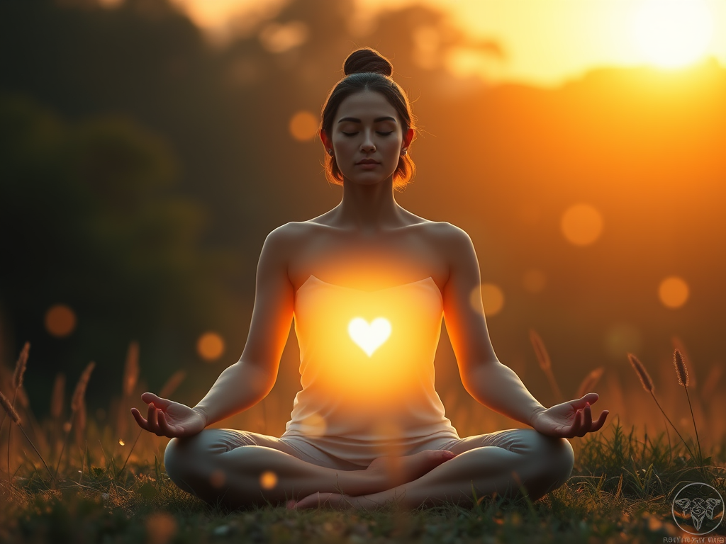 A serene figure meditating "glowing heart chakra" surrounded by soft "golden light" and "floating energy orbs," set in a tranquil natural landscape at dawn.