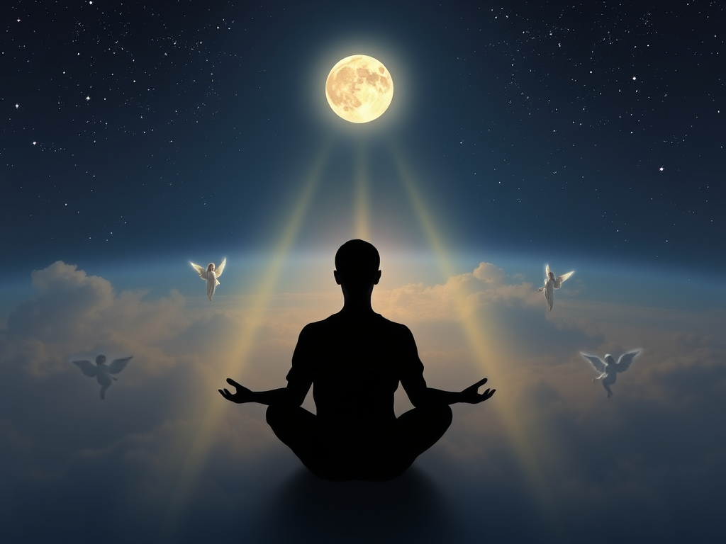 "a serene night sky with a glowing new moon" "gentle rays illuminating a thoughtful person meditating" "soft cosmic light representing clarity and creative energy" "subtle angelic figures symbolizing guidance and communication" "an ethereal, calming atmos