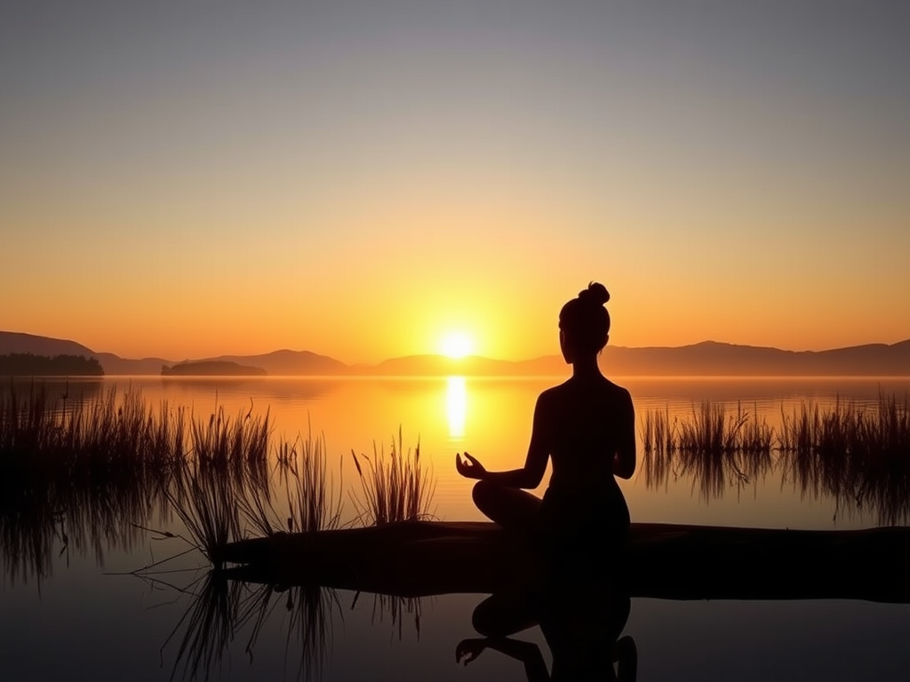 A serene sunrise over a calm lake, "soft golden light" reflecting on water, "silhouetted peaceful figure meditating," surrounded by "gentle nature elements," evoking tranquility.
