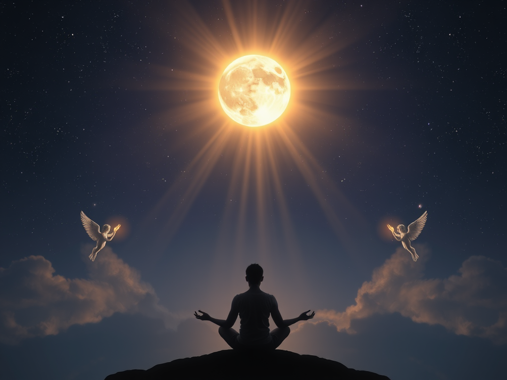 "a serene night sky with a glowing new moon" "gentle rays illuminating a thoughtful person meditating" "soft cosmic light representing clarity and creative energy" "subtle angelic figures symbolizing guidance and communication" "an ethereal, calming atmos