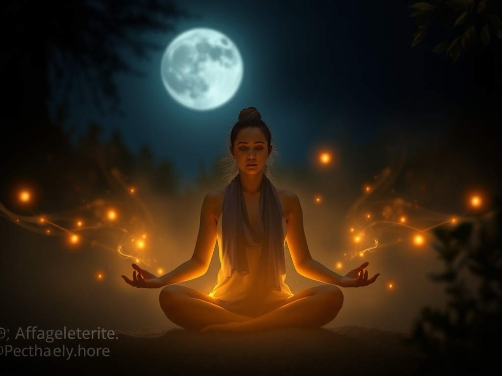 "calm serene figure meditating at night," "soft glowing energy streams around," "ethereal wisps symbolizing clarity and confidence," "gentle moonlight filtering through delicate leaves."