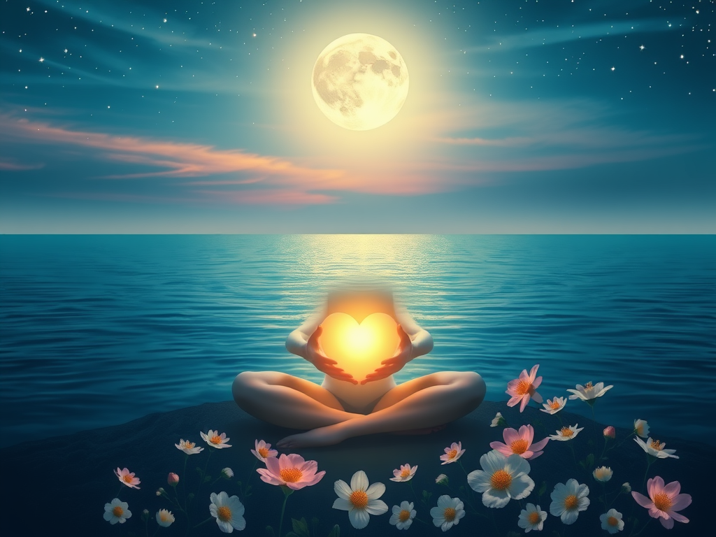 "gentle moonlight over calm sea" "soft glowing hands cradling a heart" "warm pastel colors blending" "peaceful person meditating surrounded by stars" "delicate flowers blooming around"