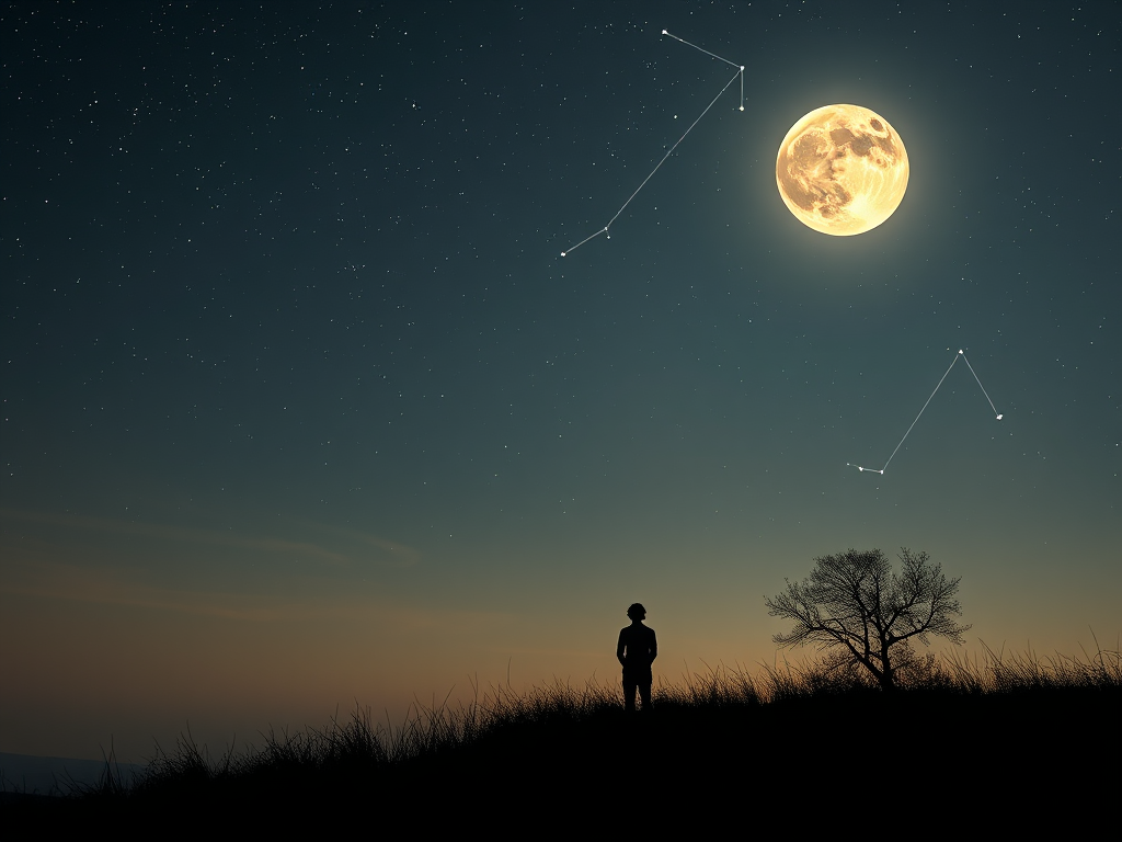 "a glowing full moon" "archer constellation in a starry sky" "serene nature scene with soft light" "gentle human silhouettes reflecting" "symbols of strength and growth intertwined"