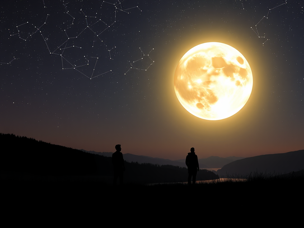 "a glowing full moon" "archer constellation in a starry sky" "serene nature scene with soft light" "gentle human silhouettes reflecting" "symbols of strength and growth intertwined"