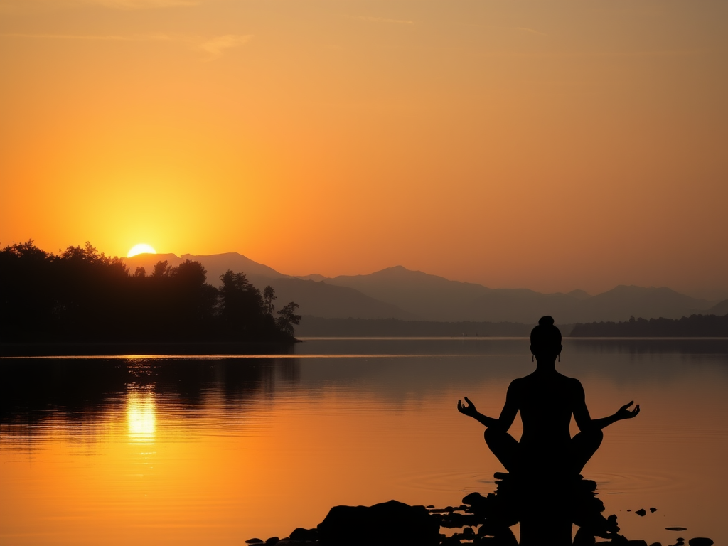 A serene sunrise over a calm lake, "soft golden light" reflecting on water, "silhouetted peaceful figure meditating," surrounded by "gentle nature elements," evoking tranquility.