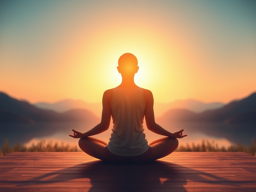 "a serene person meditating in soft glowing light" "gentle heart-shaped energy waves" "calm, balanced atmosphere with warm colors" "subtle abstract healing symbols" "peaceful nature background at dawn"