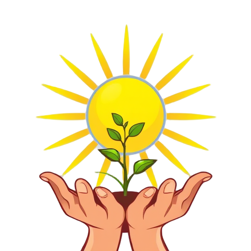 "Bright sun" "Growing plant" "Open hands"