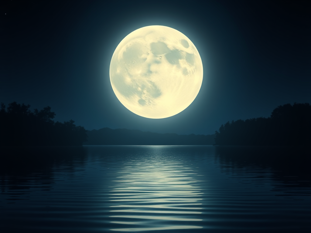 A serene, soft glowing moon above a calm lake at night, gentle ripples reflecting light, surrounded by peaceful nature and subtle healing energy.