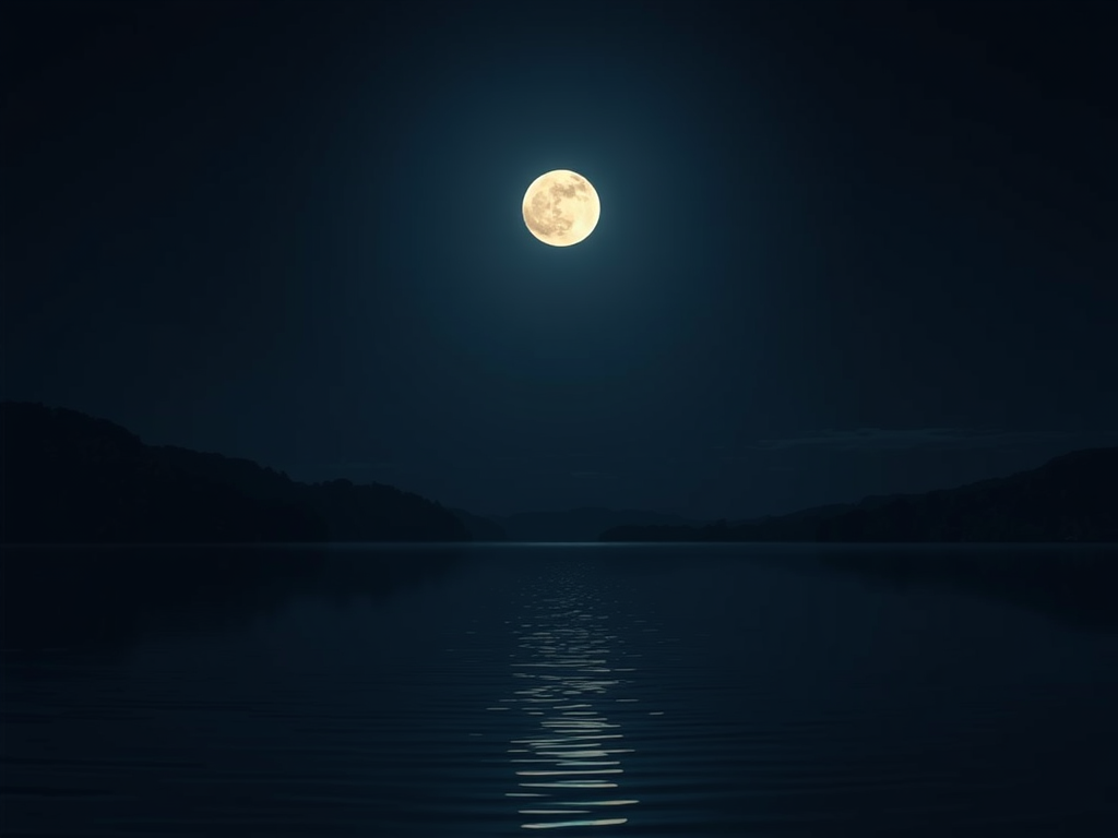 A serene, soft glowing moon above a calm lake at night, gentle ripples reflecting light, surrounded by peaceful nature and subtle healing energy.