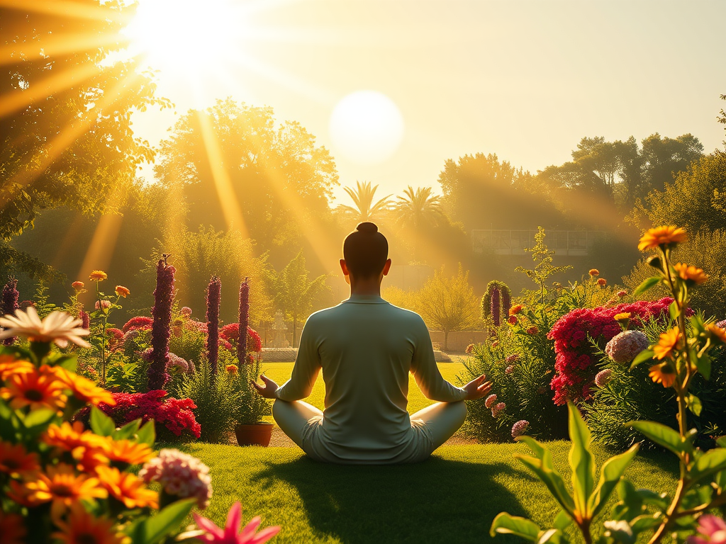 "Golden sun at zenith" "lush blooming garden" "radiant inner light glowing from a meditating figure" "soft beams of sunlight illuminating vibrant nature"